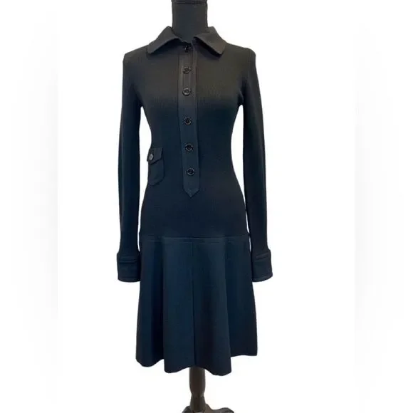 Akris Punto black ribbed knit long sleeve pleated wool dress Sz 4 NWOT - Picture 14 of 14